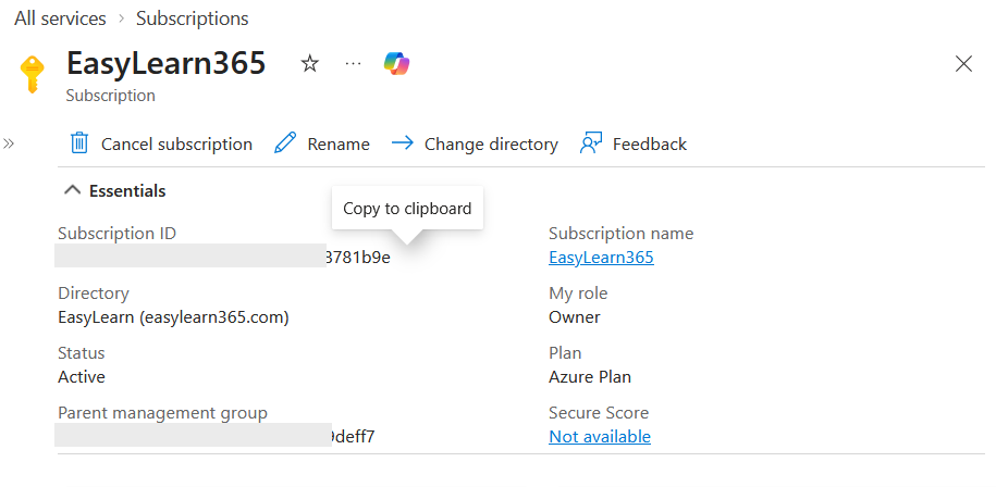 Azure subscription overview showing active EasyLearn365 subscription