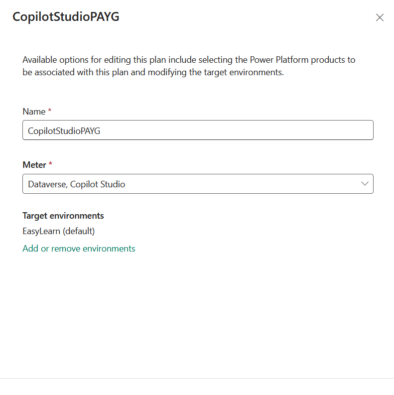 Power Platform billing plan setup showing CopilotStudioPAYG