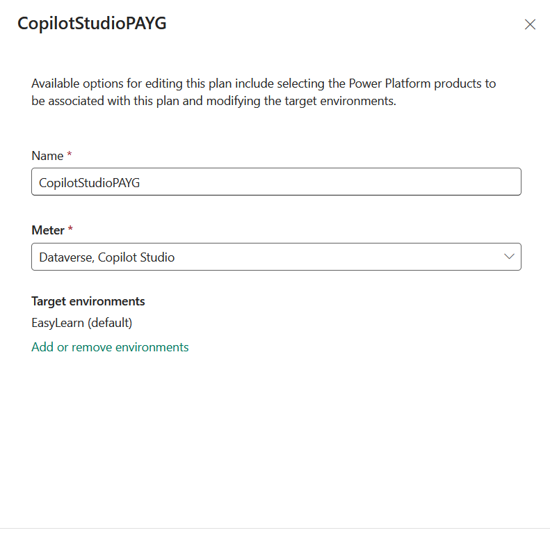 Billing plan meter field showing Dataverse and Copilot Studio