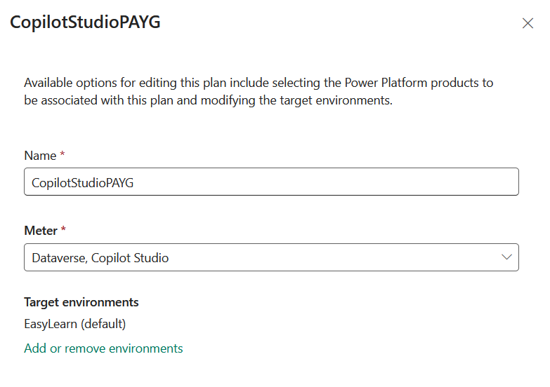 Billing plan target environment showing EasyLearn default