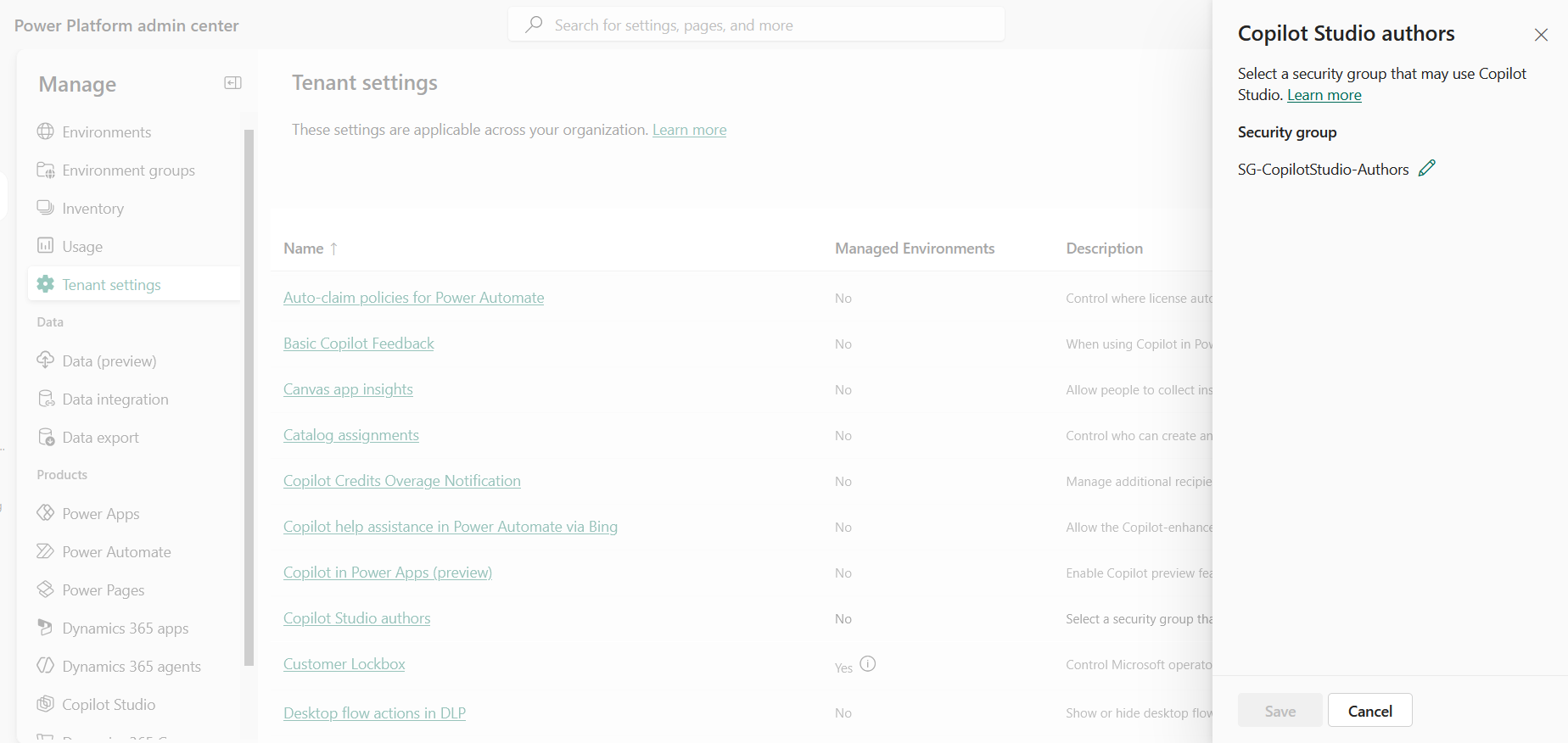 Power Platform tenant settings showing Copilot Studio authors security group
