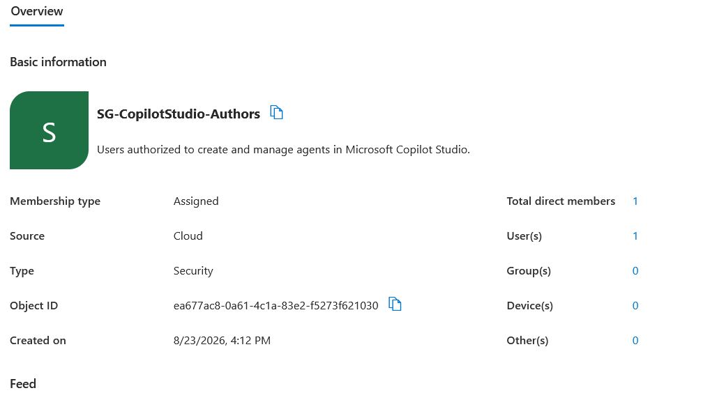 Microsoft Entra security group SG-CopilotStudio-Authors overview