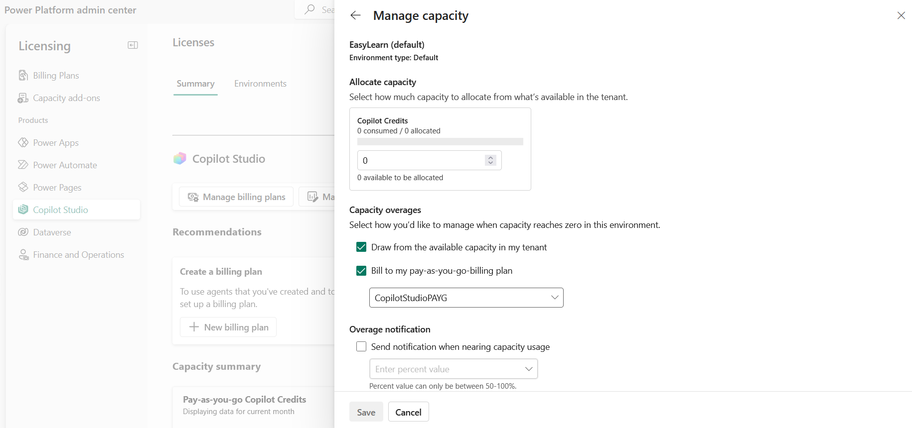 Power Platform Admin Center showing Copilot Credits capacity and PAYG overage billing plan