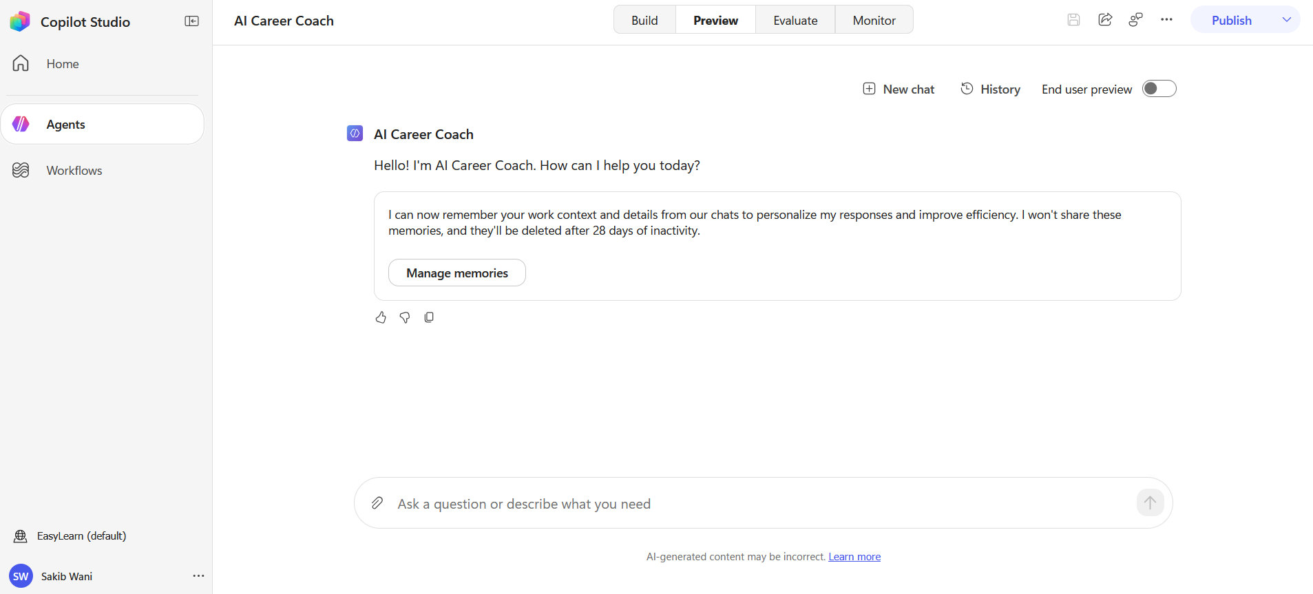Microsoft Copilot Studio agent preview in the EasyLearn default environment